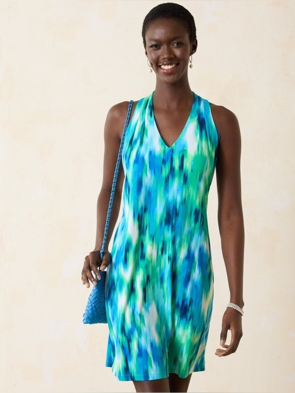 Tommy Bahama Sandy Ikat Blue and Green V-Neck Dress